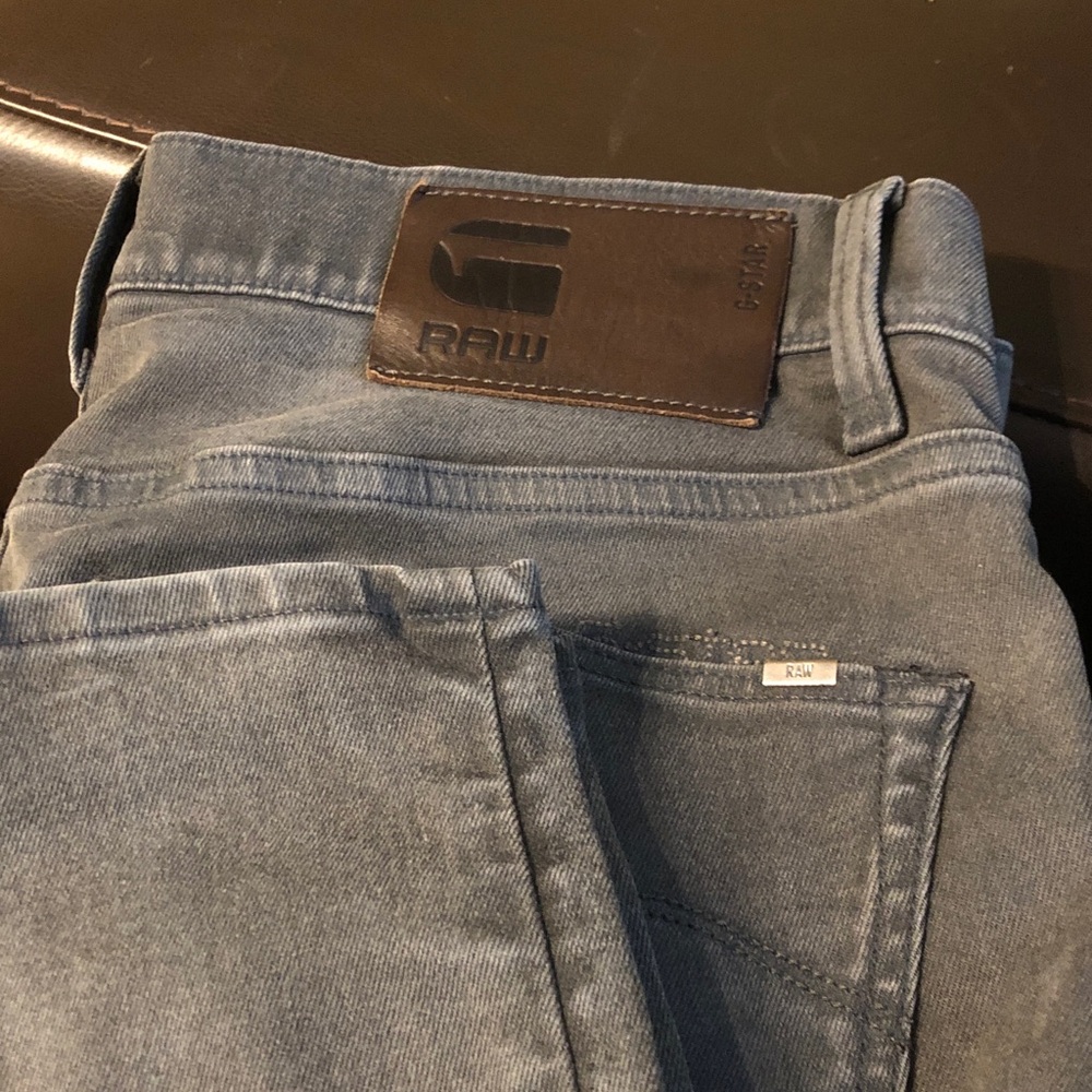 G-Star Raw Slim Straight Jeans in Faded Blue with Brown Patch